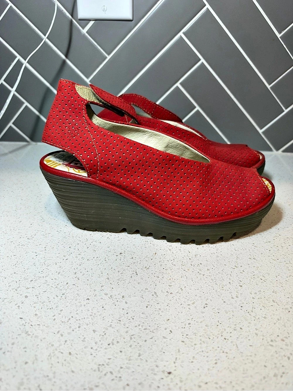Fly London Yasi Red Perforated Leather Wedge Shoes EU 36
